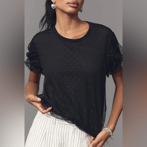 dolan Tops - Anthropologie Dolan Mesh Dot Short Sleeve Bubble Top Size Large Black Crewneck